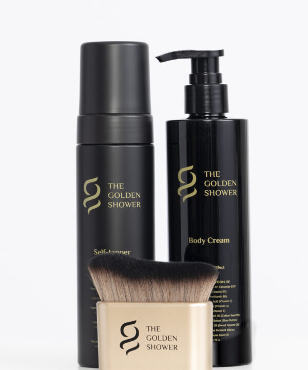 Complete self tanning system with brush, mousse, and body cream by The Golden Shower Beauty