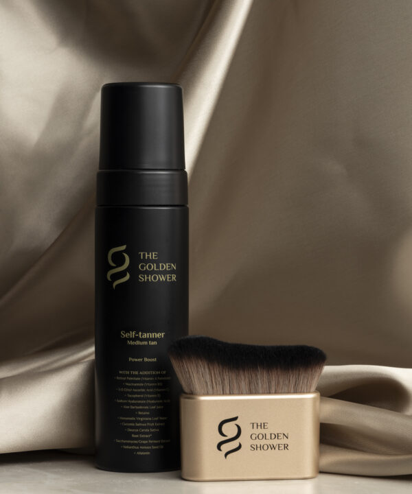 Self tanning kit with brush including Power Boost mousse and professional applicator by The Golden Shower Beauty